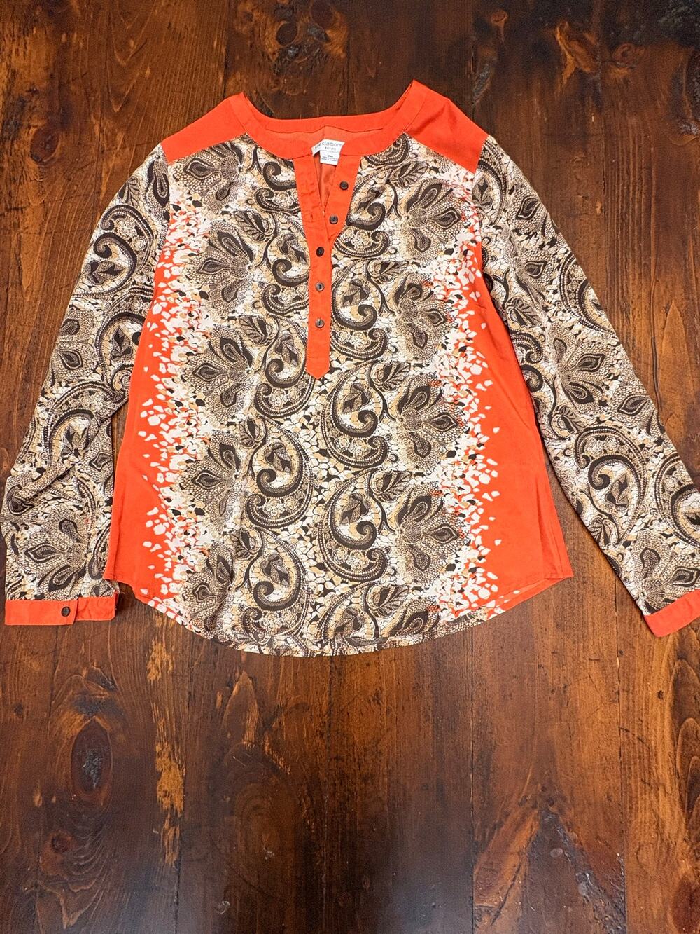 Liz Claiborne Petite PM Paisley Blouse Orange Brown Long Sleeve Henley Top